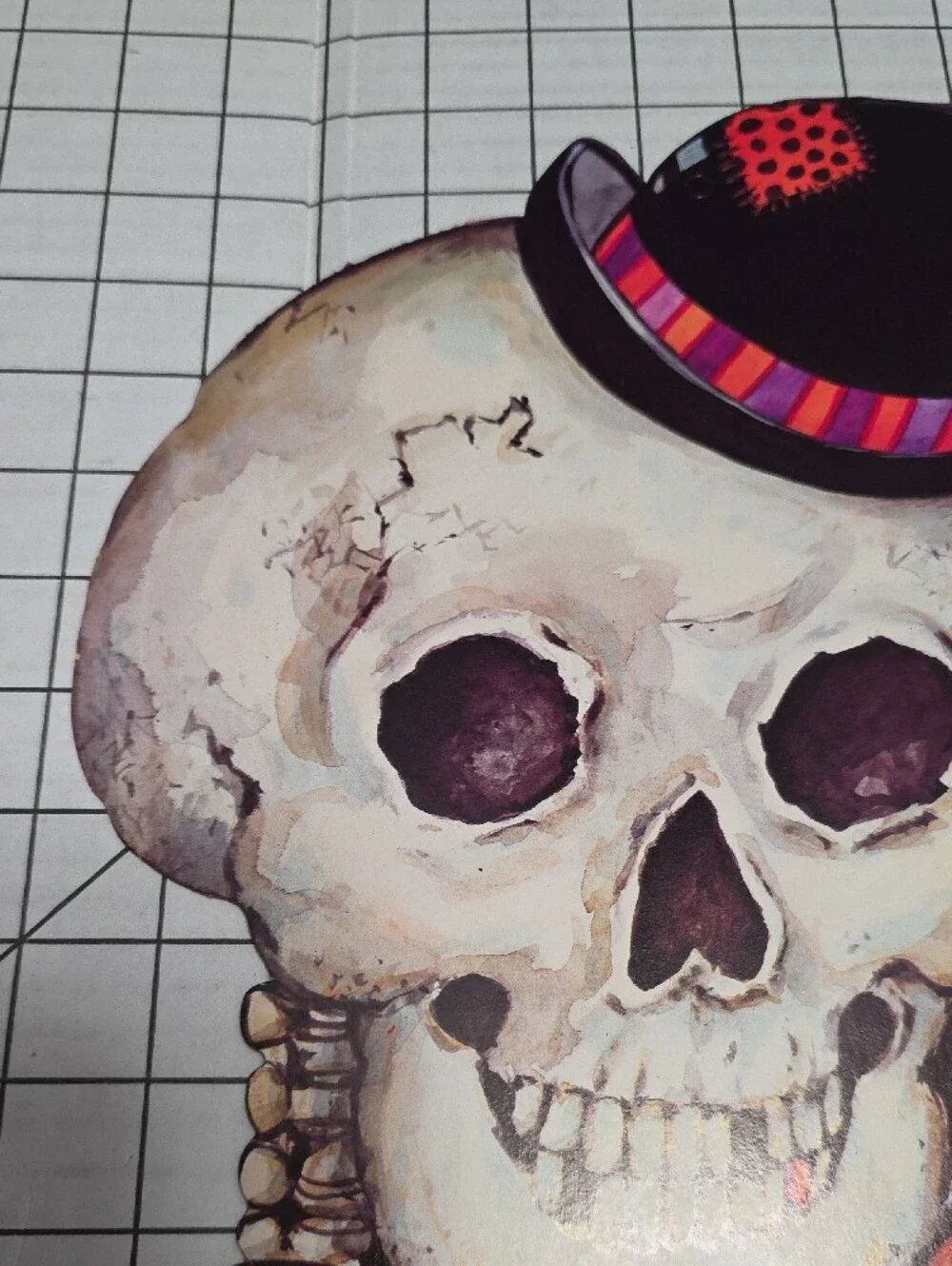 Halloween Skull with Polka Dot Bow Tie and Mini Hat, VTG, 10